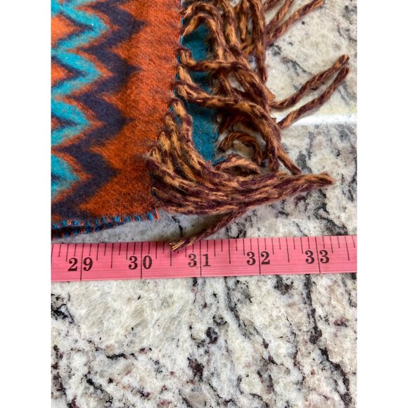 Fras Feel Cashmink Womens Rectangle Scarf Zigzag Fringe Blue Orange Brown Warm - Picture 5 of 7